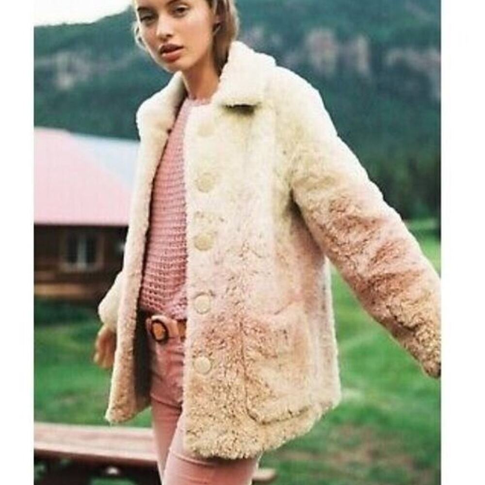 Anthropologie Womens Blush Ombre Faux Fur Teddy Coat Sz PM Boho Hippie Festival
